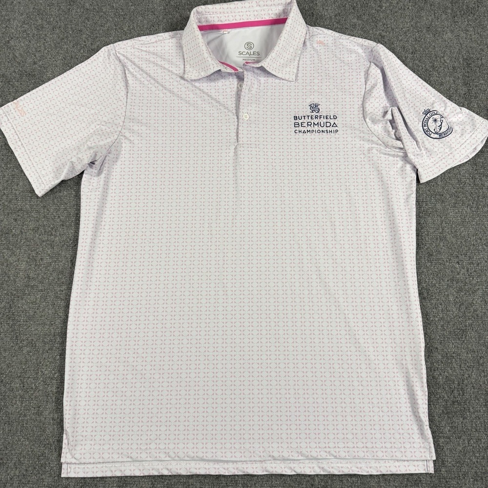 Scales Golf Polo Mens Medium Pink Geometric Butterfield Bermuda Performance